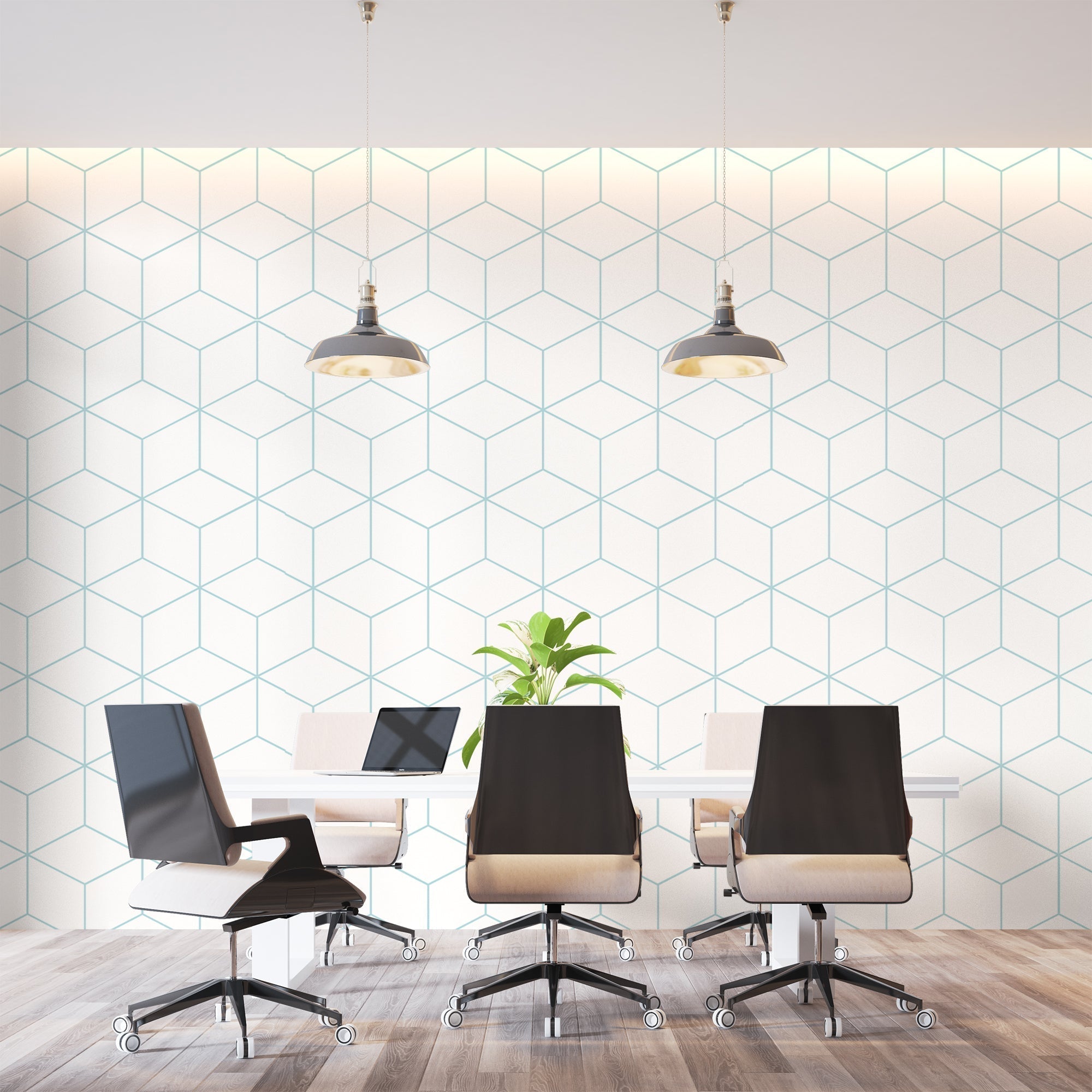 3D cube wallpaper pattern displayed in a modern bedroom, highlighting the blue geometric design