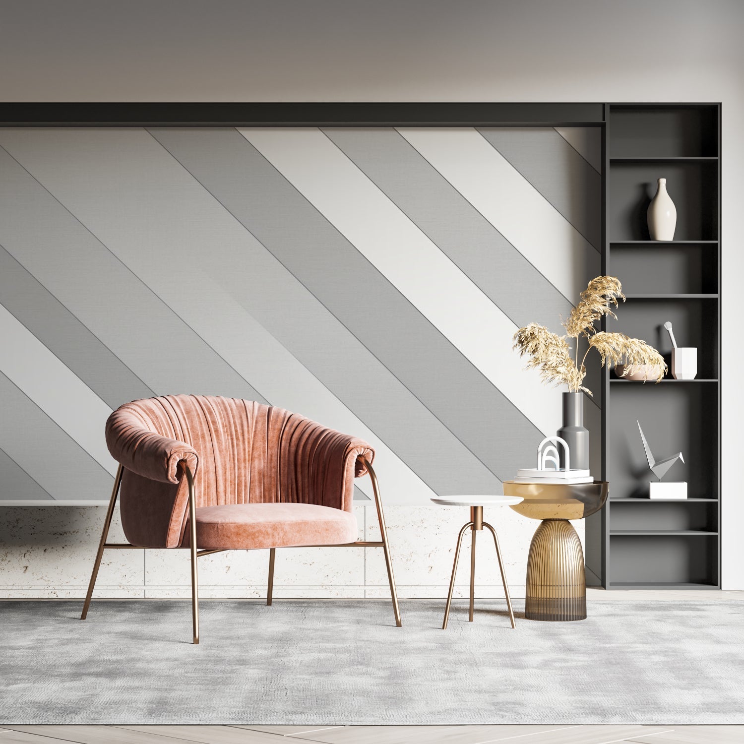 Modern grey geometric wallpaper in a minimalist home office setup with clean desk and natural lighting
