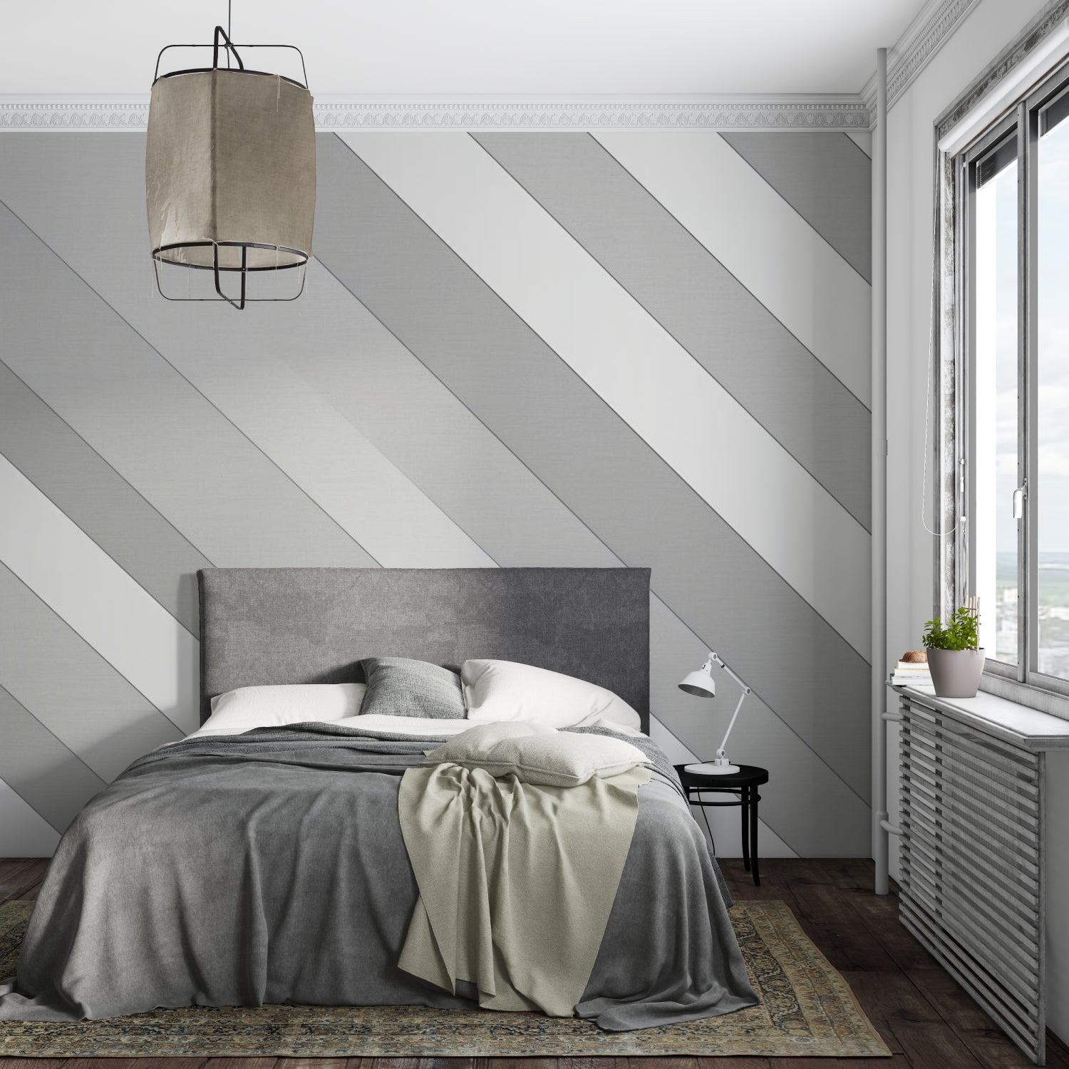 Grey geometric wallpaper making a bedroom look bigger with diagonal stripes