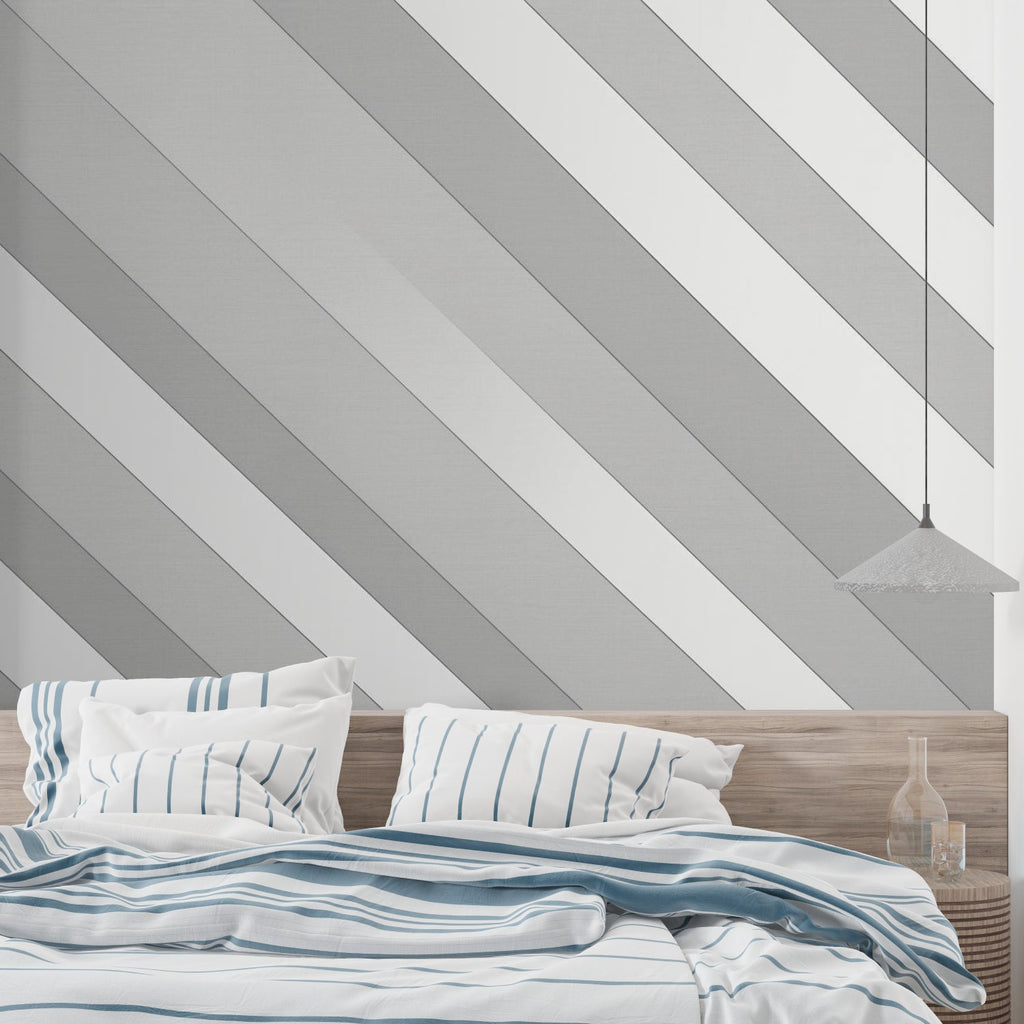 Modern stripe wallpaper in a dining room showing scale and pattern flow