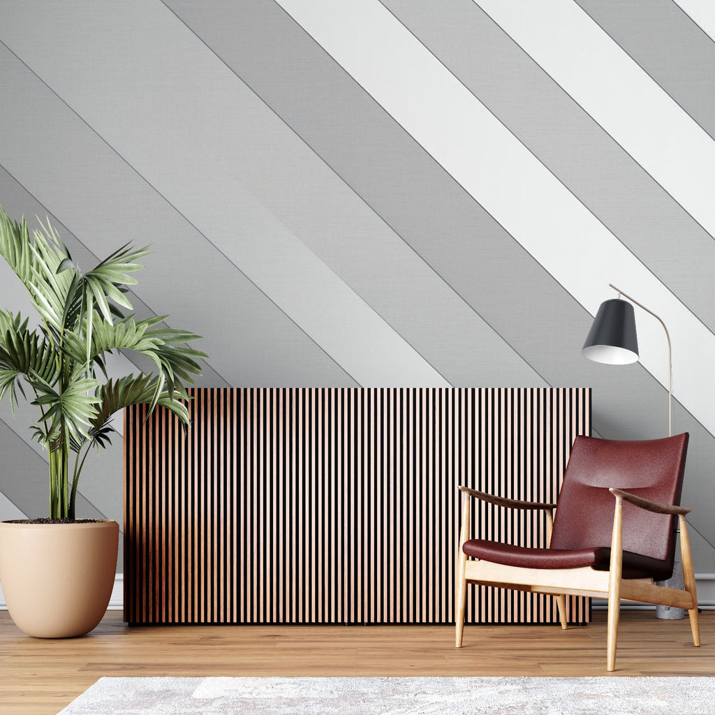 Geometric wallpaper installation in hallway showing full wall coverage