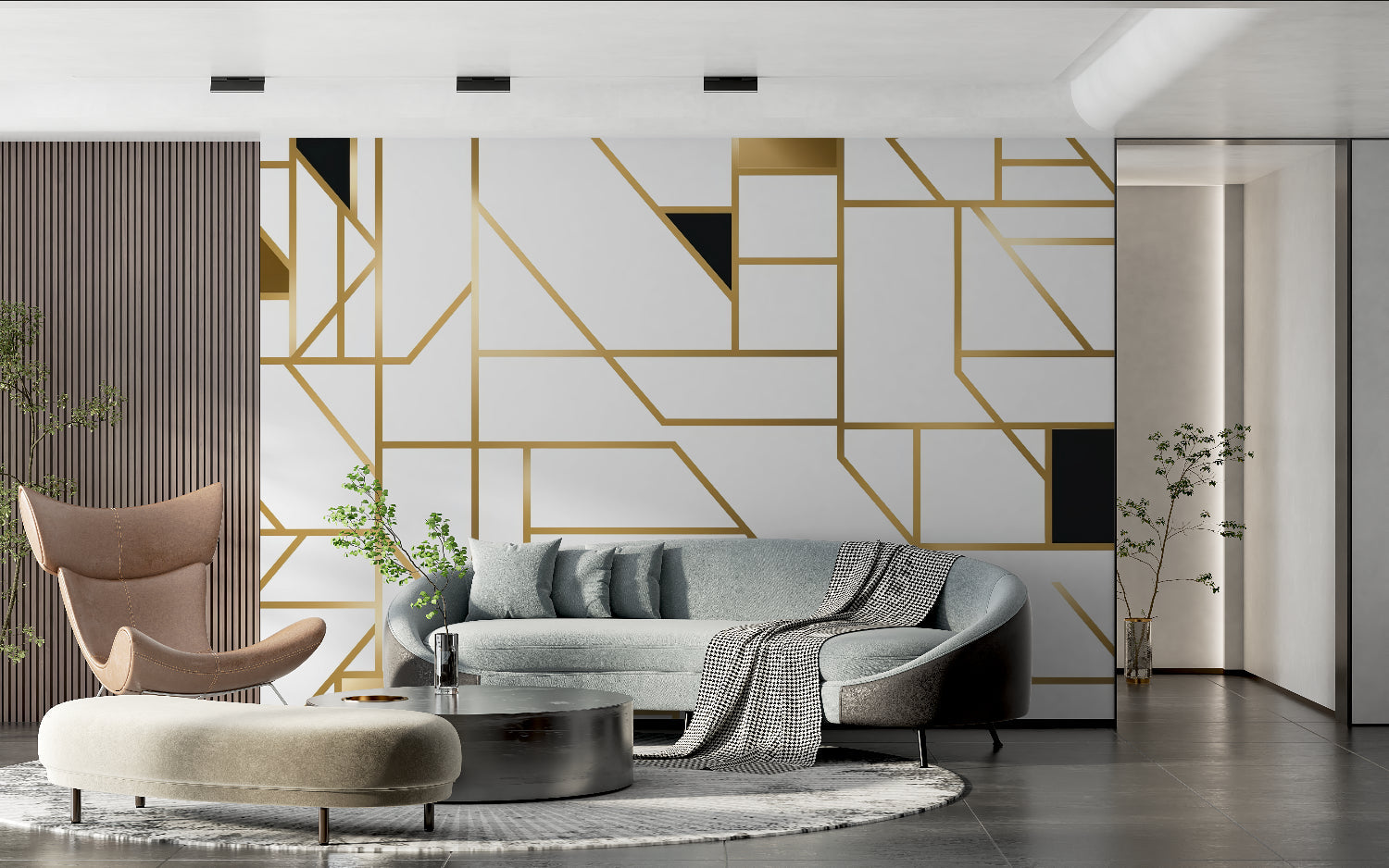 Modern geometric gold wallpaper in bright living room with grey sofa and plants