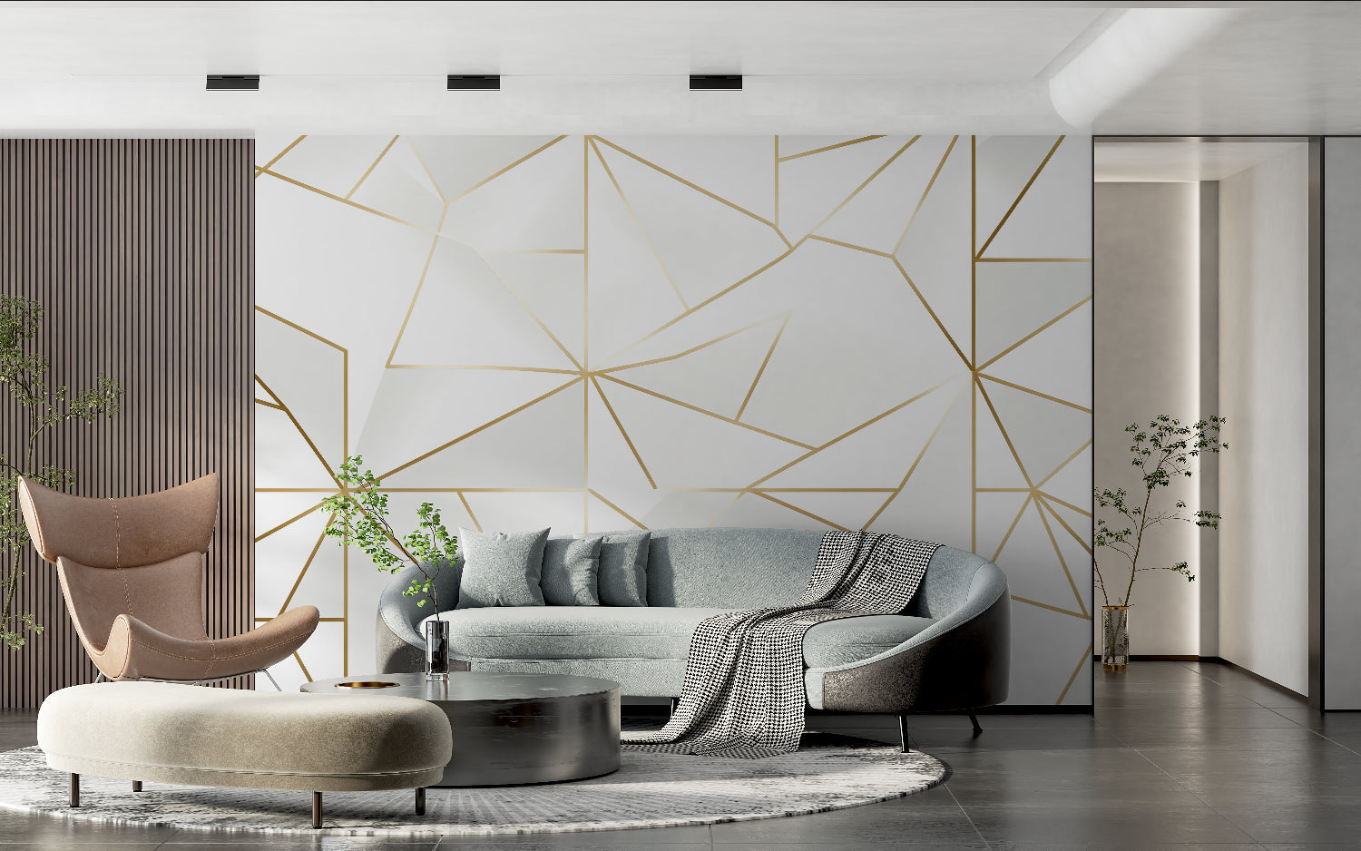 Contemporary dining room with gold line pattern wallpaper creating elegant atmosphere