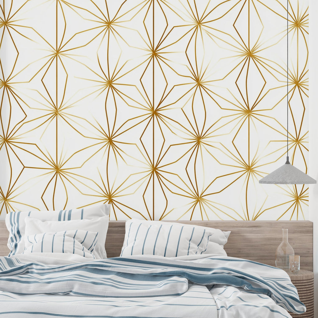 Modern gold geometric pattern in hallway showing full wall application
