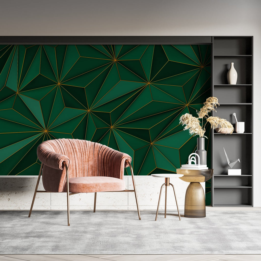 Geometric wall mural with green and gold patterns in a contemporary home office setting