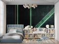 Modern geometric light wallpaper in a stylish office space, green glowing accents creating depth