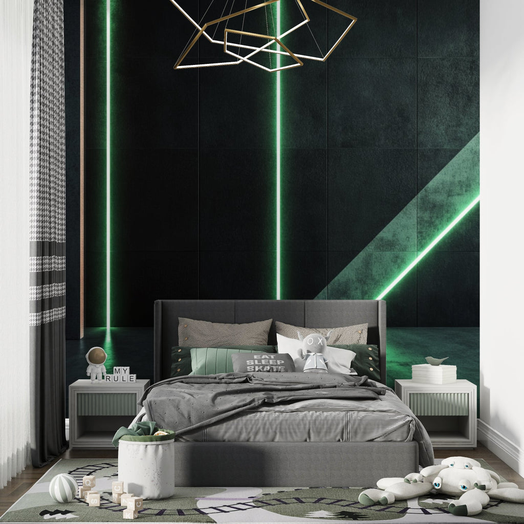 Contemporary bedroom with geometric light wallpaper in emerald green