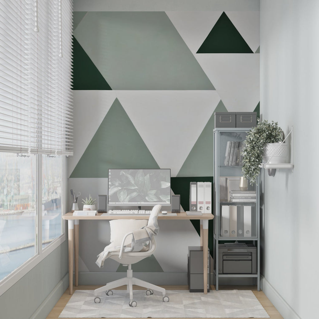 Geometric green wall mural creating depth in dining room space