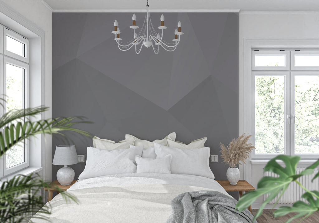 Abstract geometric pattern wallpaper in modern bedroom showing depth effects