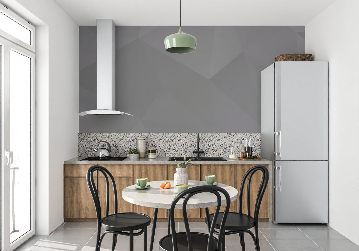 Grey geometric accent wall in dining room highlighting architectural elements