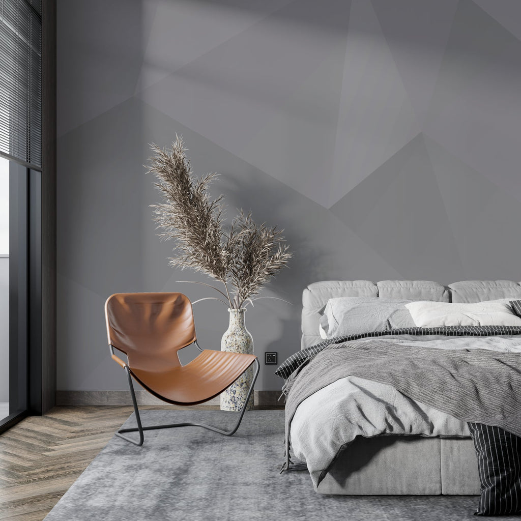 Modern grey wall mural in entryway showcasing angular pattern