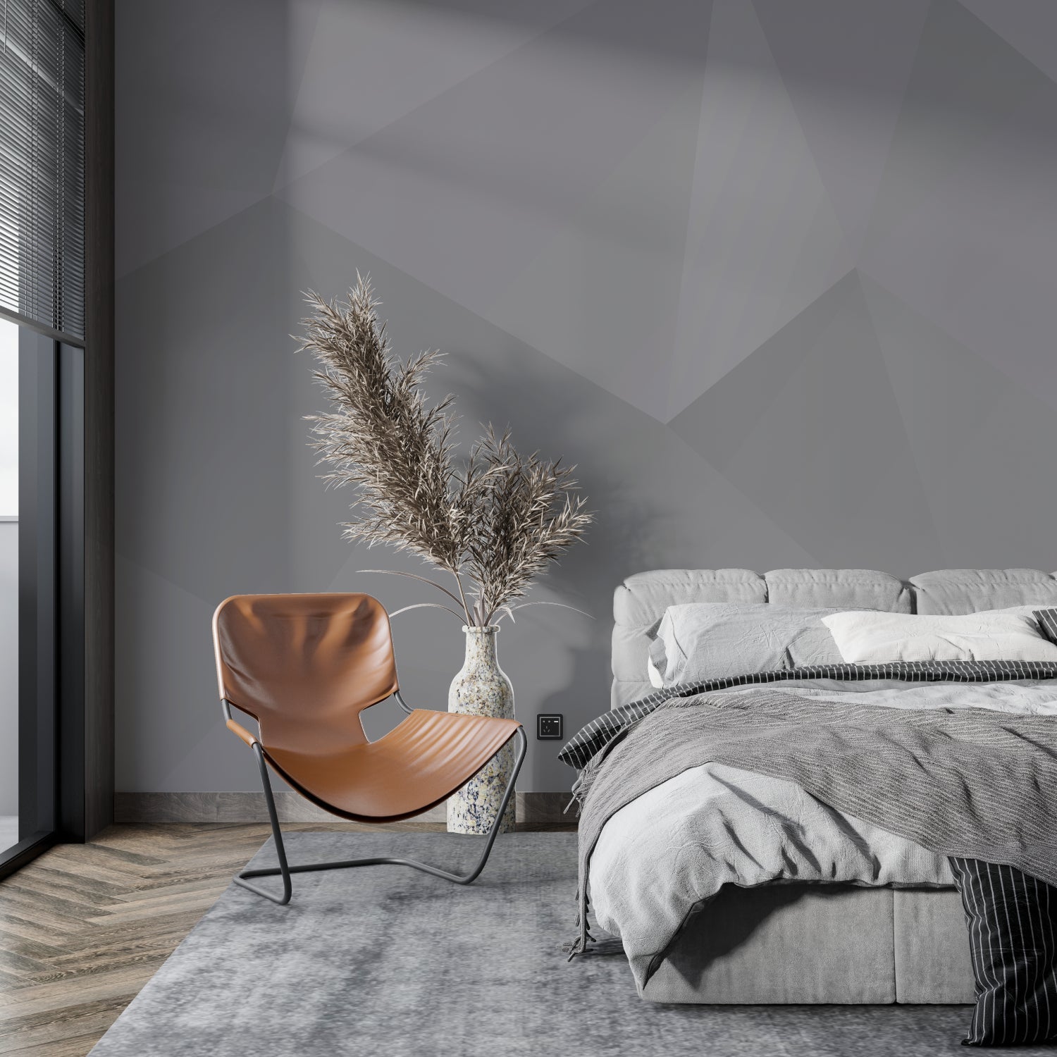 Modern grey wall mural in entryway showcasing angular pattern