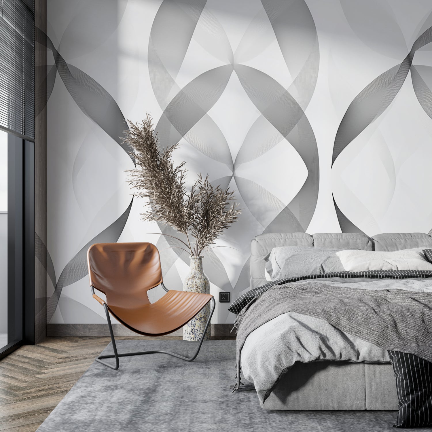 Grey abstract wall mural creating depth in a modern office space