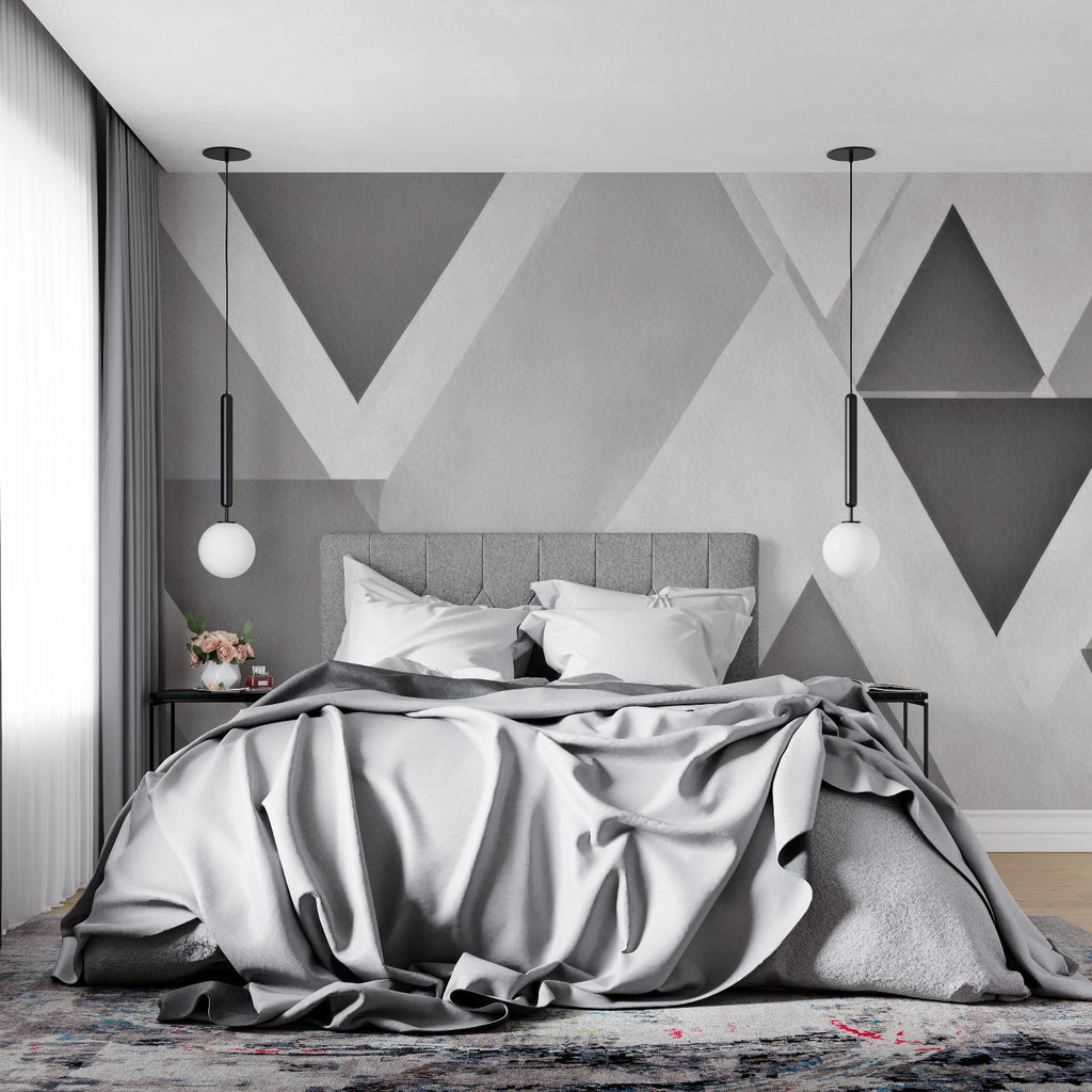 Grey geometric wall mural bringing depth to a modern home office setup