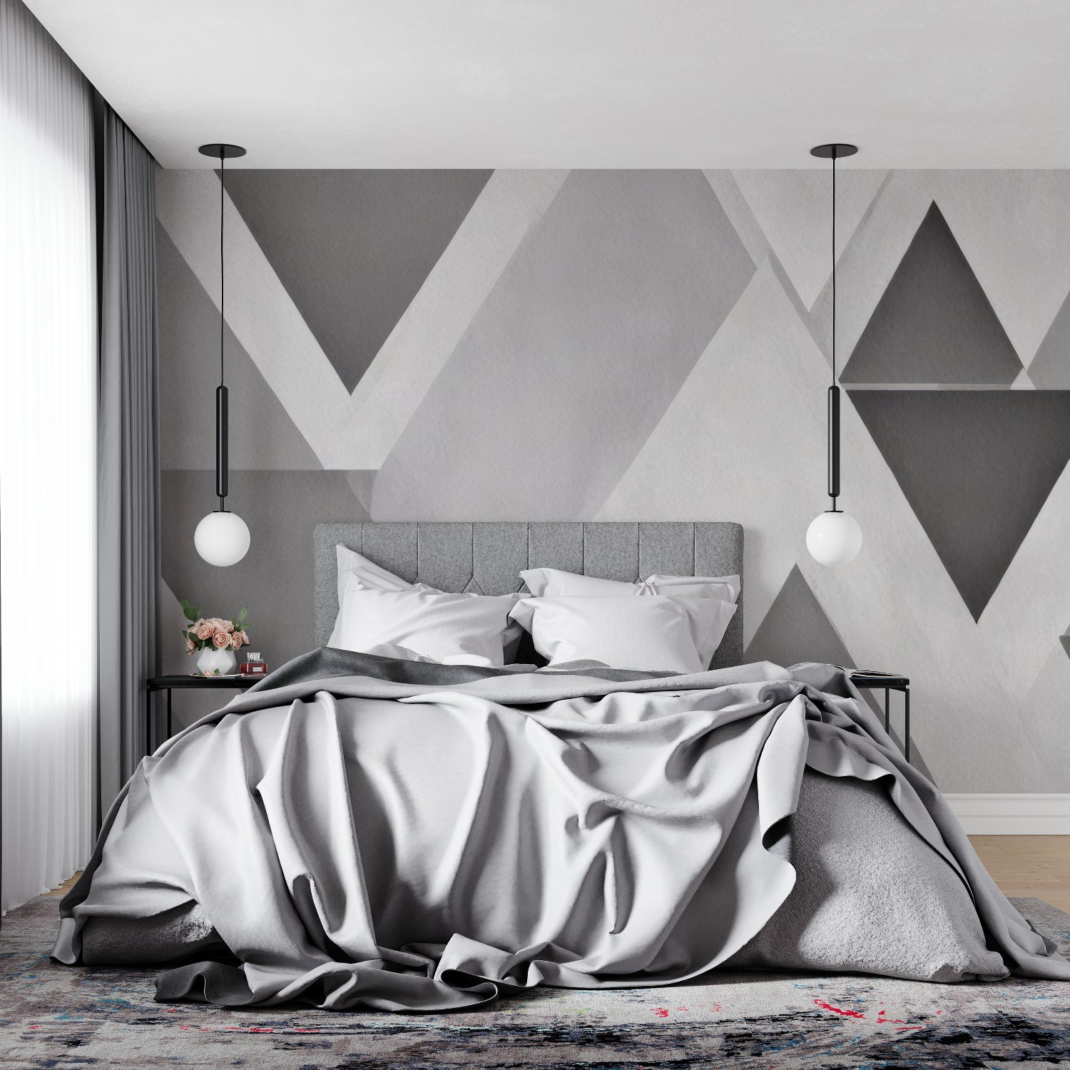 Grey geometric wall mural bringing depth to a modern home office setup