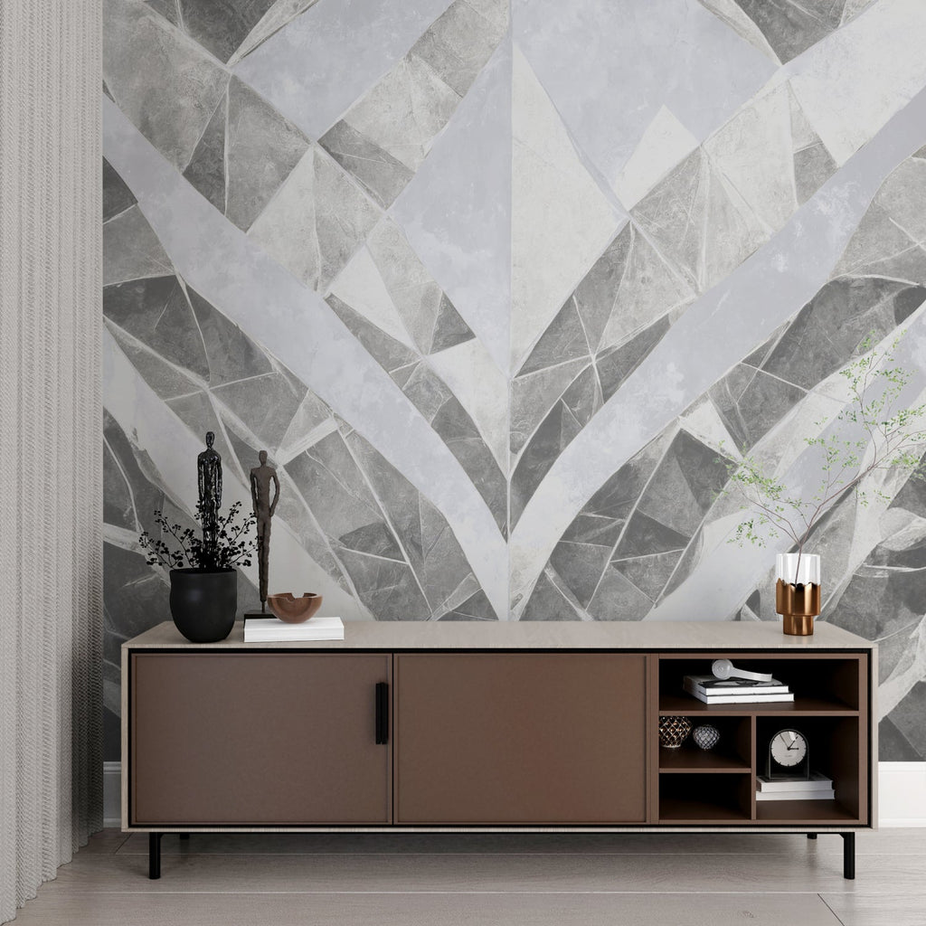 Grey geometric wallpaper mural creating depth in modern living room setting