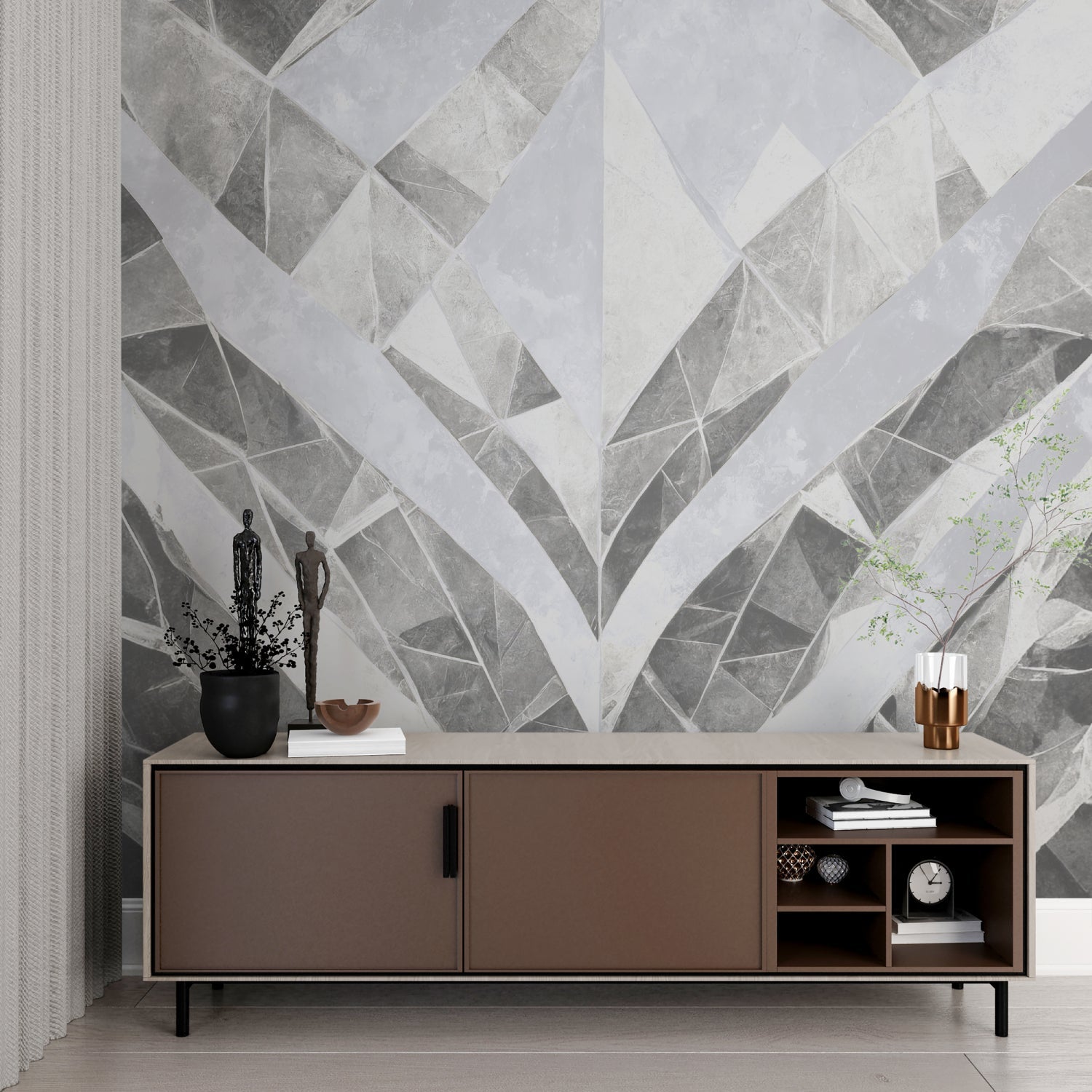 Grey geometric wallpaper mural creating depth in modern living room setting