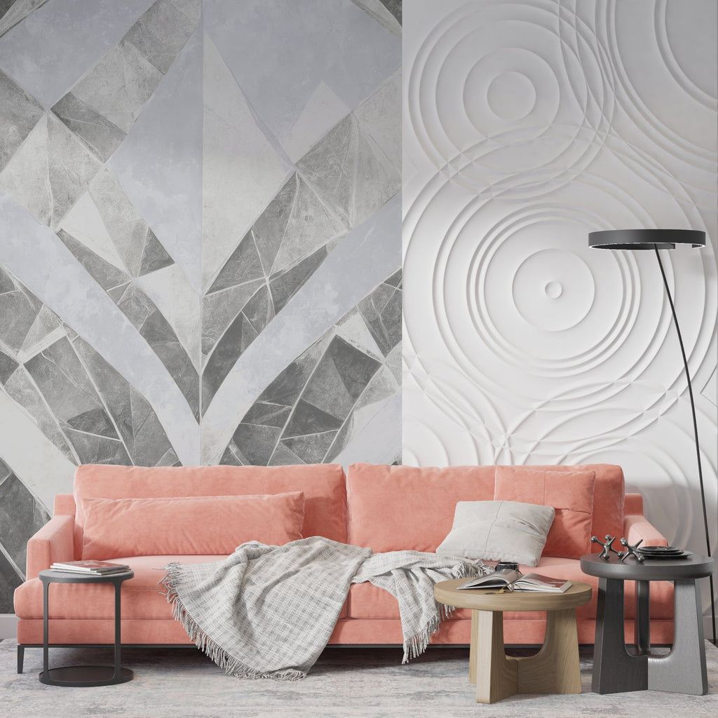 Contemporary grey geometric wall mural in minimalist home office space