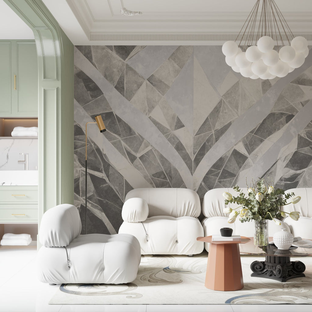 Angular geometric wallpaper design enhancing hallway walls
