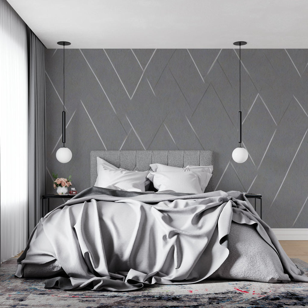 Geometric diamond wallpaper adding visual interest to a modern dining room