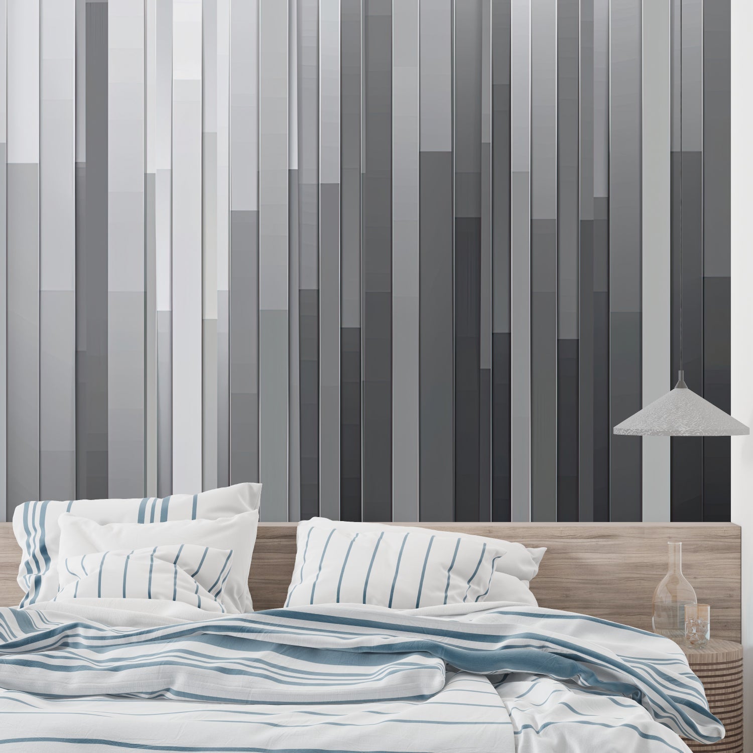 Grey geometric wallpaper creating height in a modern office space with sleek furniture
