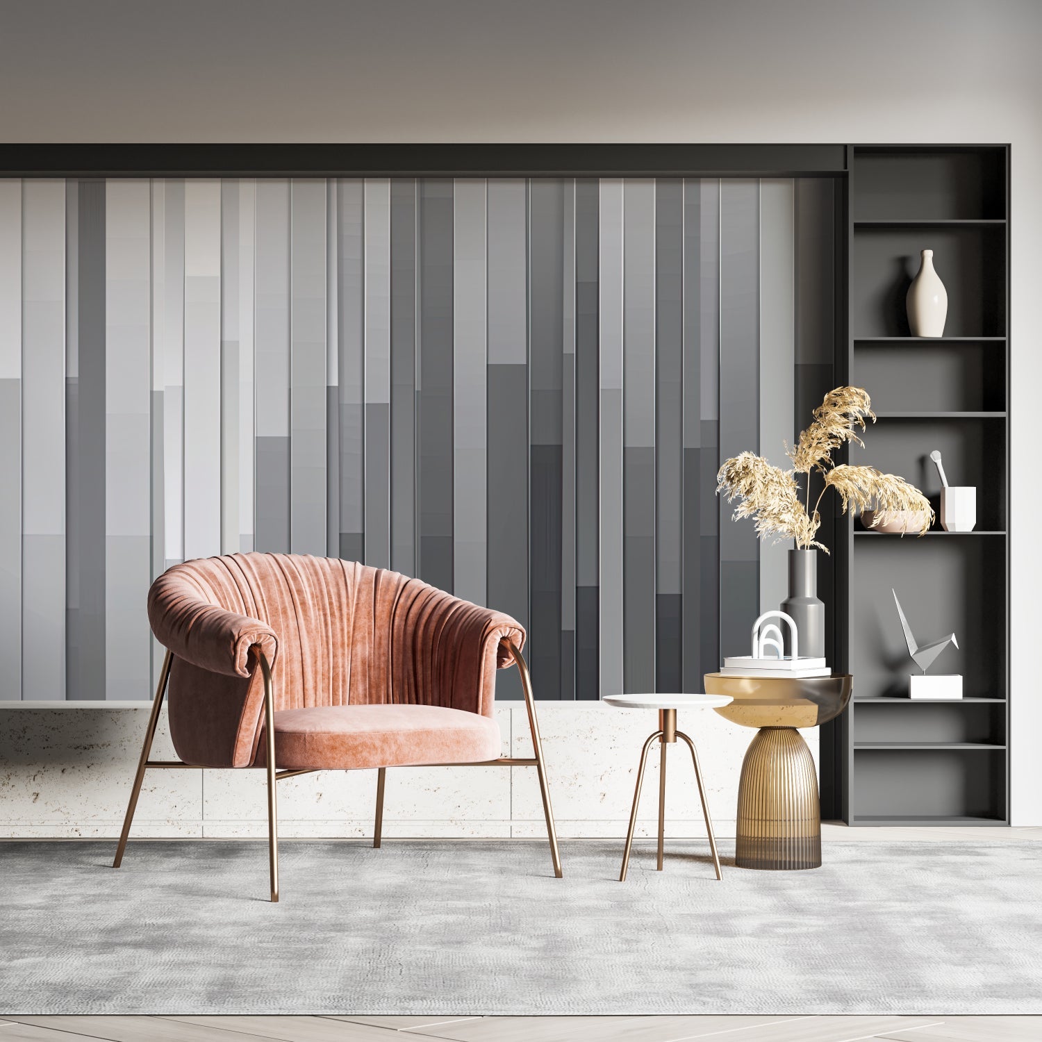 Modern grey striped wallpaper in a dining room showing gradient effects in evening light