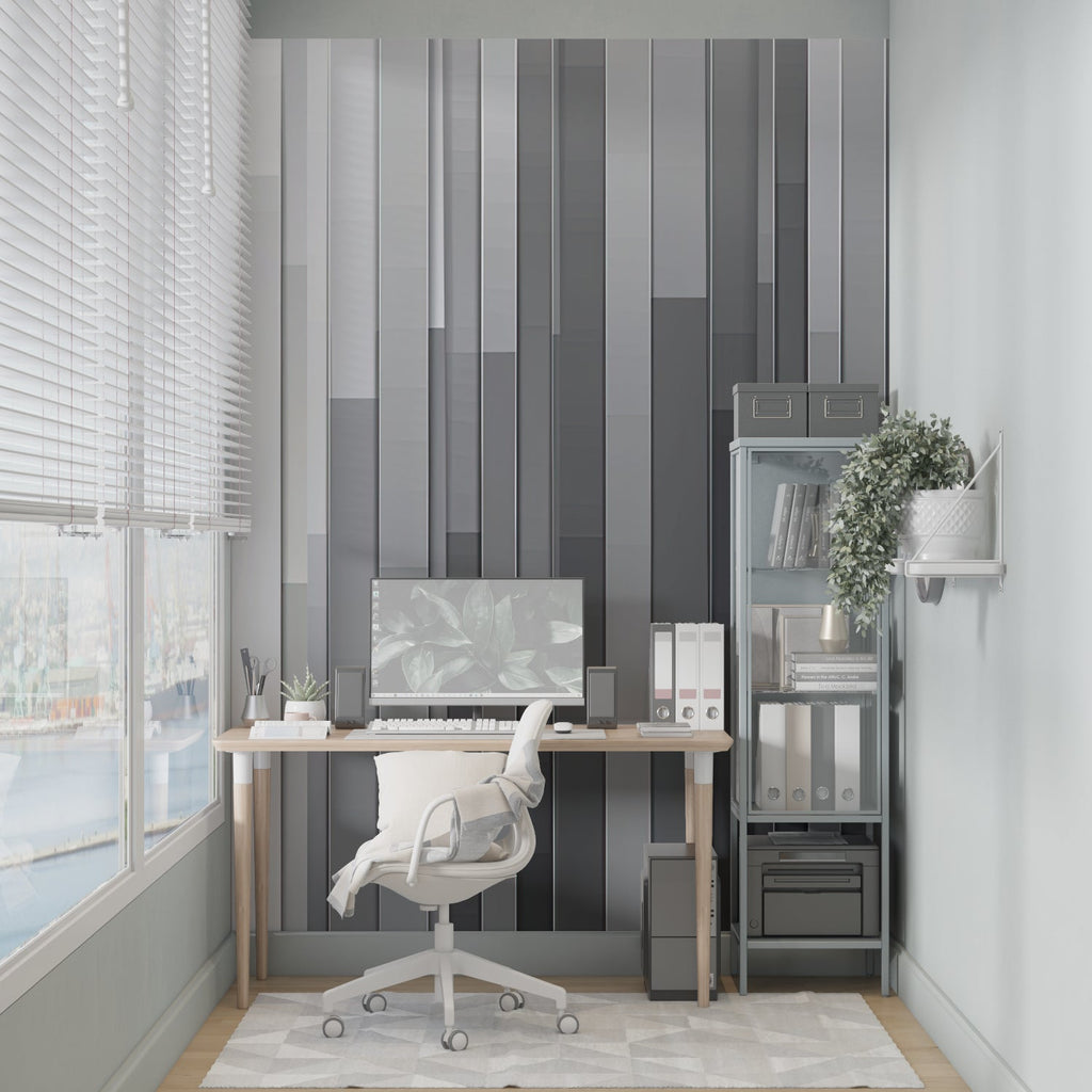 Geometric gradient wallpaper bringing clean lines to a hallway space