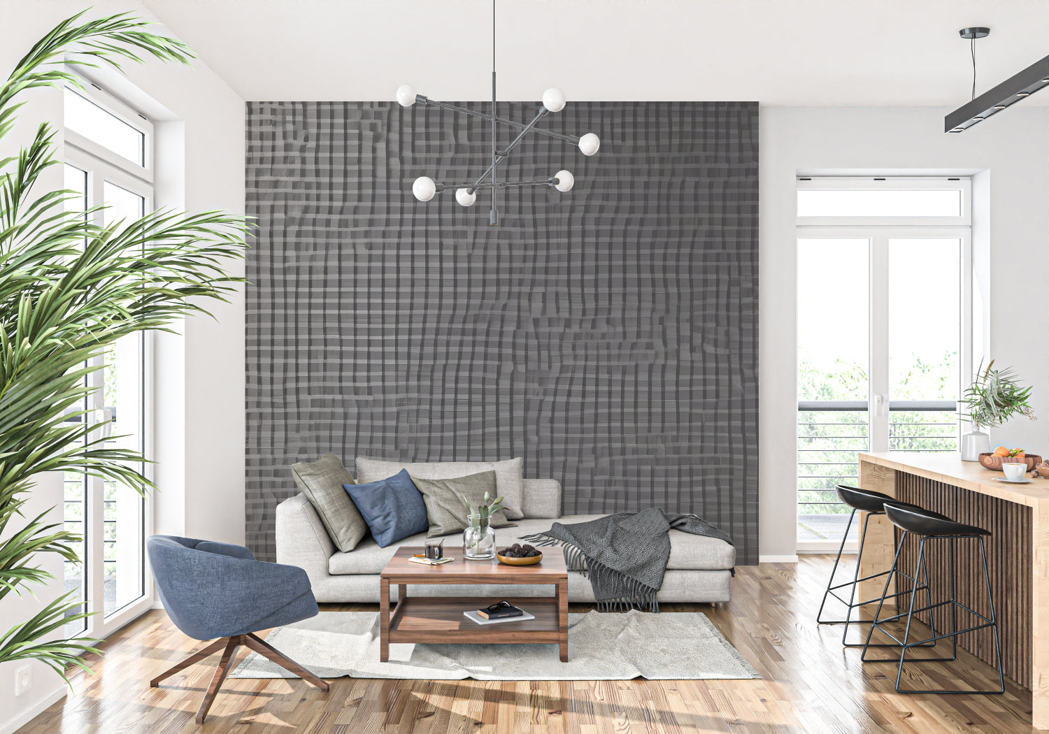 Grey grid pattern wallpaper in home office creating professional atmosphere