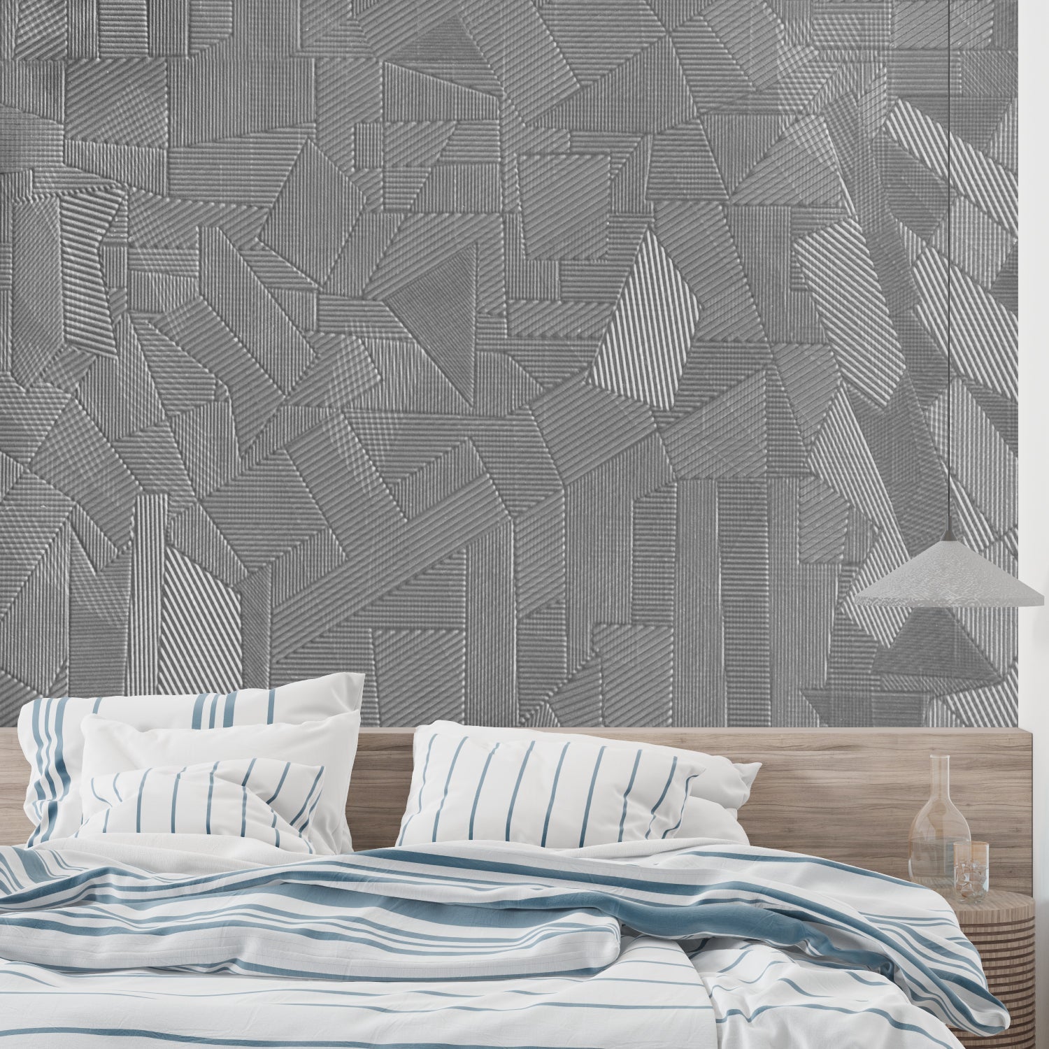 Contemporary home office featuring grey linear pattern wallpaper on accent wall