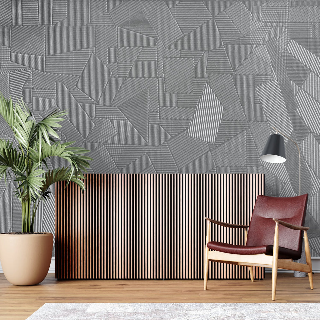 Modern dining room with geometric grey wallpaper creating depth and dimension