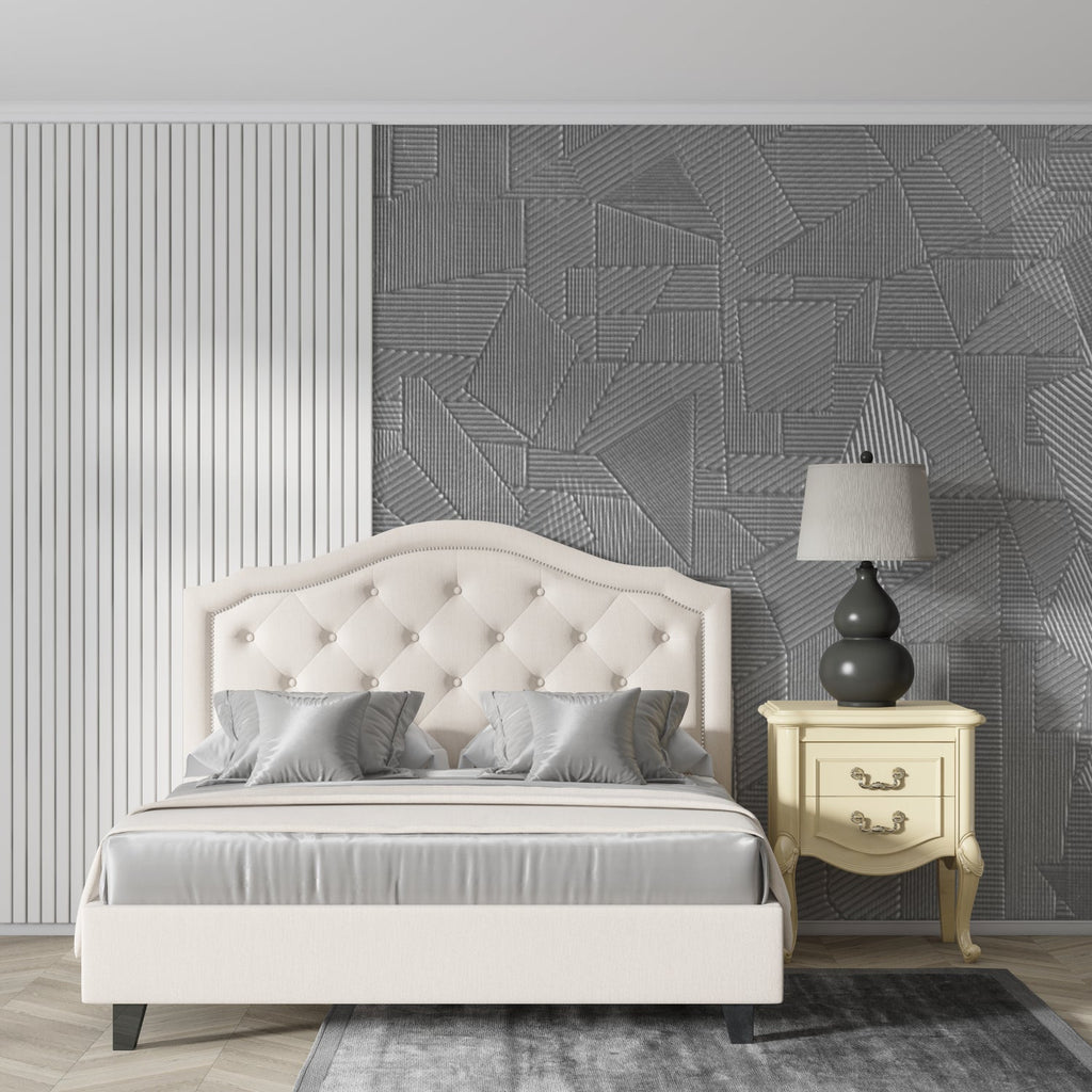 Grey linear pattern wallpaper creating depth in a modern home office