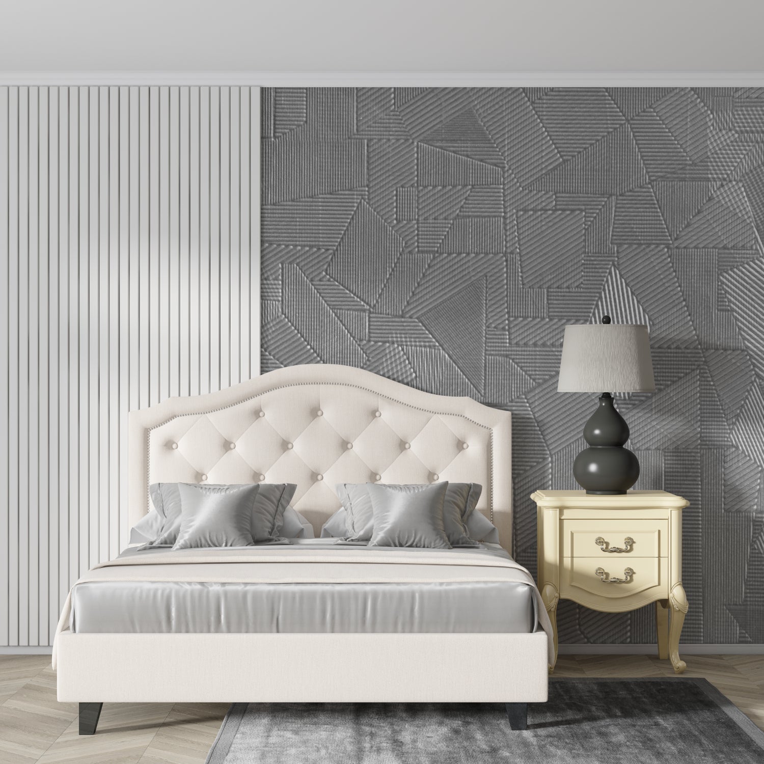 Grey linear pattern wallpaper creating depth in a modern home office