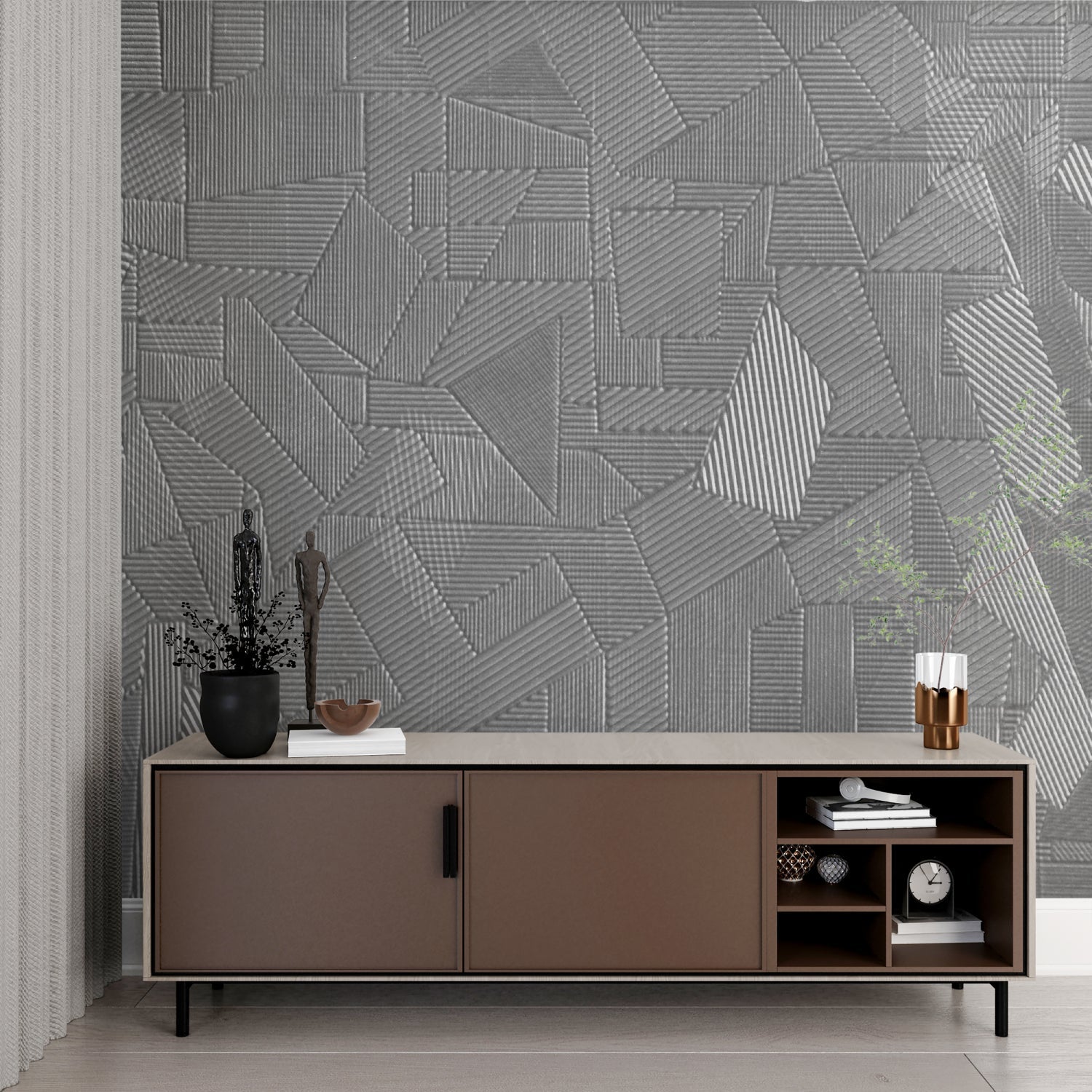 Modern grey geometric mural in a master bedroom with clean lines