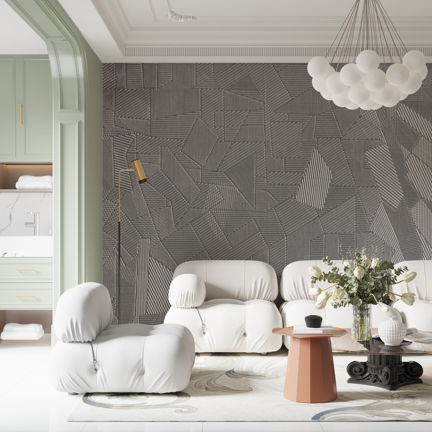 Linear pattern wallpaper bringing movement to an elegant hallway