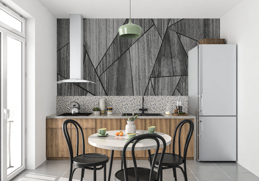 Grey geometric wall mural in contemporary office space with clean desk setup