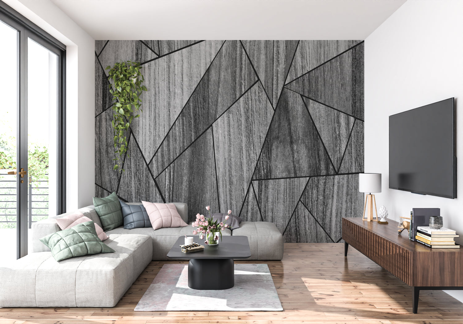 Grey geometric wall design in master bedroom with modern furnishings