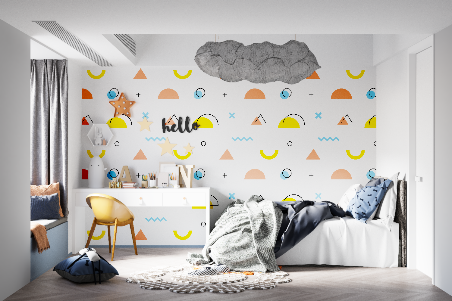 Geometric pattern wallpaper bringing life to a modern kids playroom with orange and blue shapes