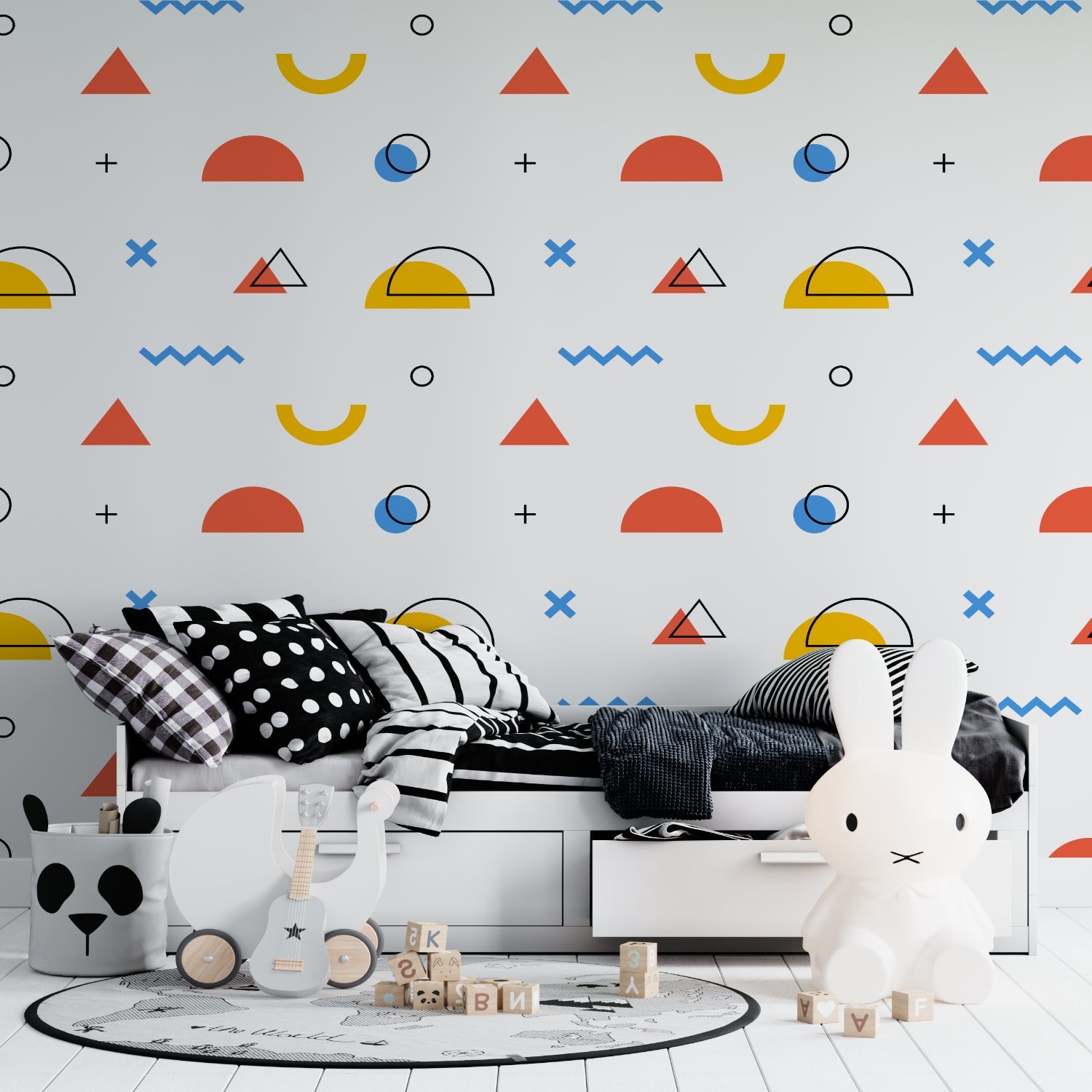 Cheerful geometric wallpaper in a bright study space showing orange and blue patterns