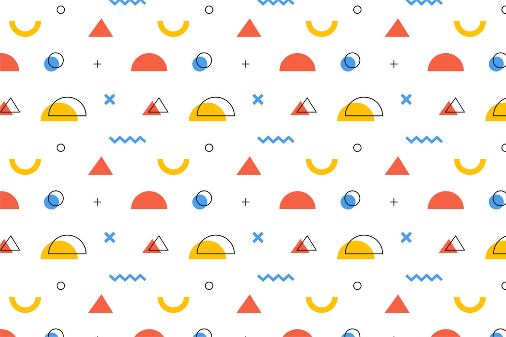 Design file showing repeating geometric pattern with orange and blue shapes on white background
