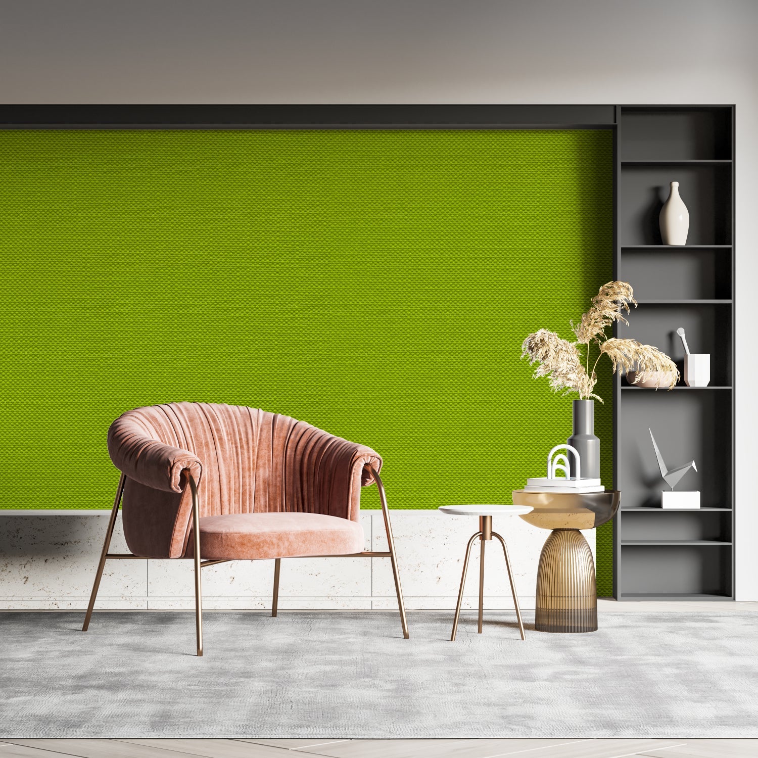 Lime green geometric wallpaper making a bold statement in an entrance hall