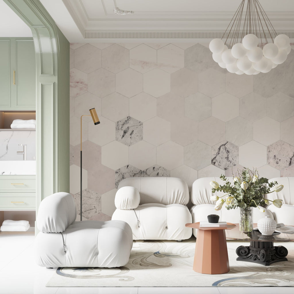 Modern Marble Wallpaper creating focal point in contemporary home office