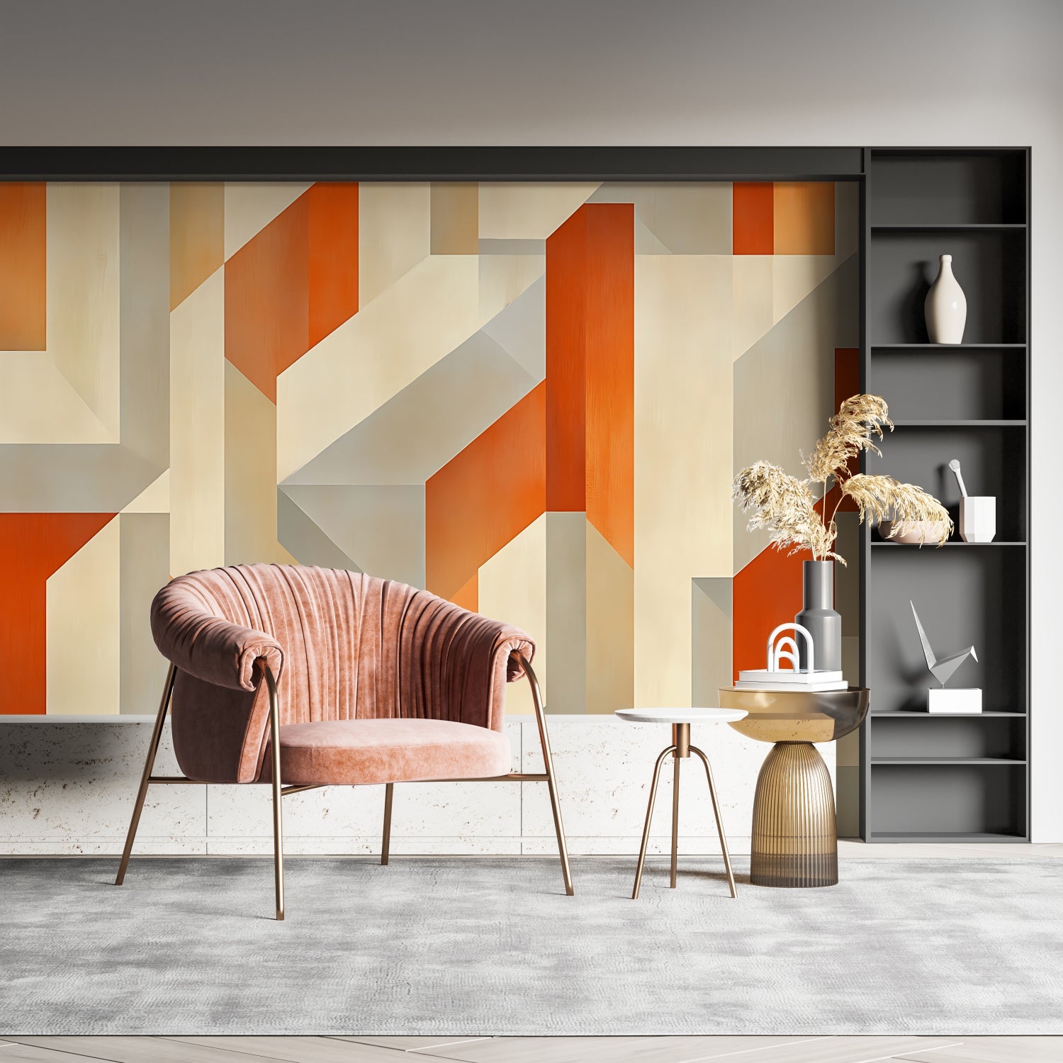 Abstract geometric pattern in dining room creating depth and movement