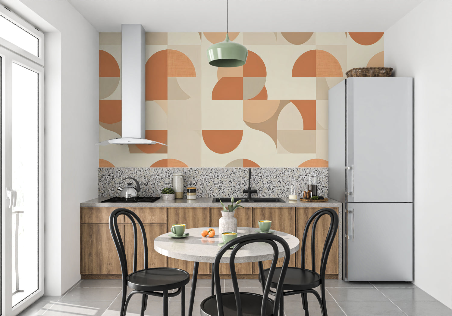 Contemporary bedroom with geometric orange wallpaper accent wall