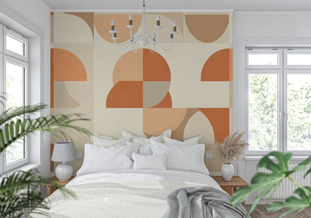 Abstract circle wallpaper bringing warmth to modern hallway design