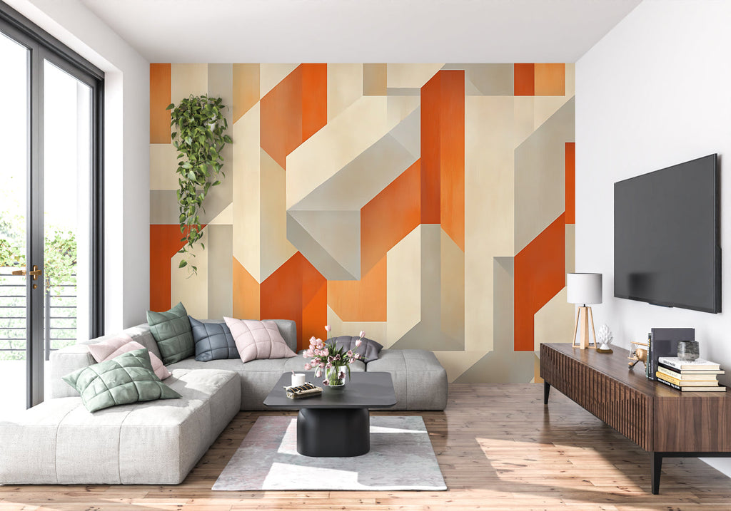 Bold orange geometric wallpaper in bright hallway setting