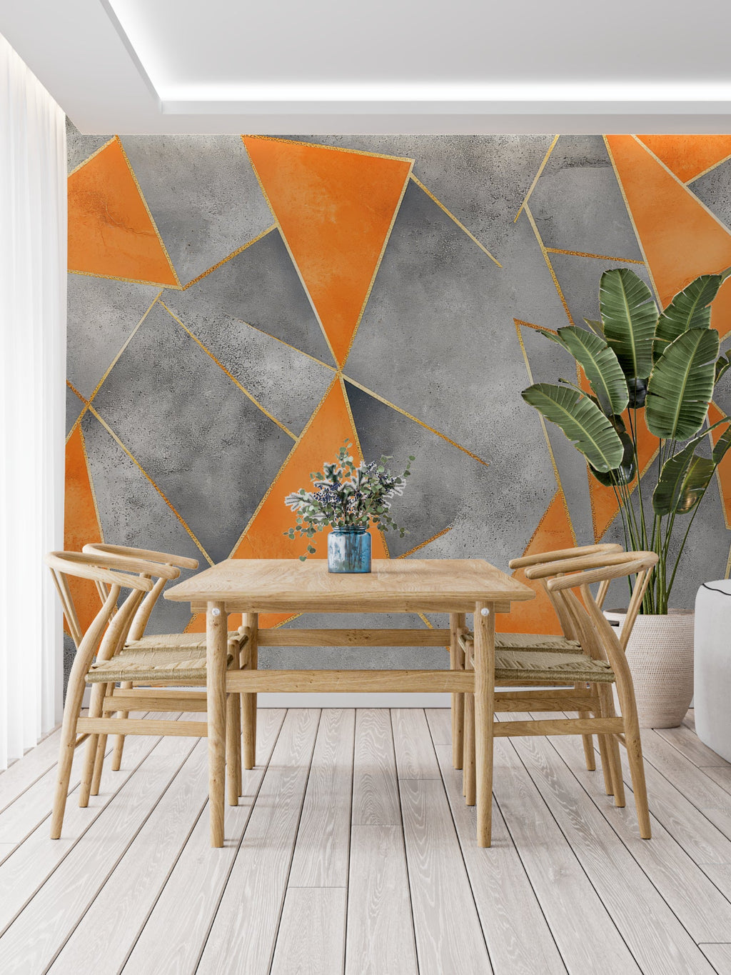 Contemporary home office featuring geometric pattern wallpaper with concrete texture effect