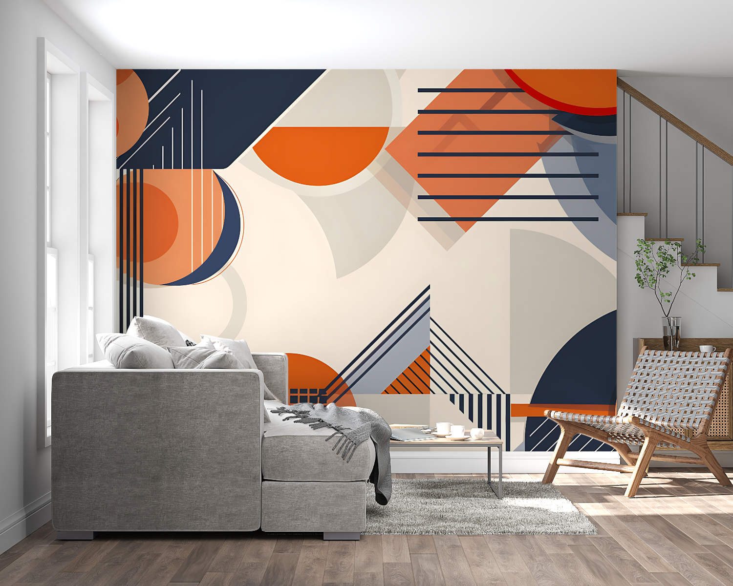 Orange and navy geometric pattern making a statement in an urban dining room