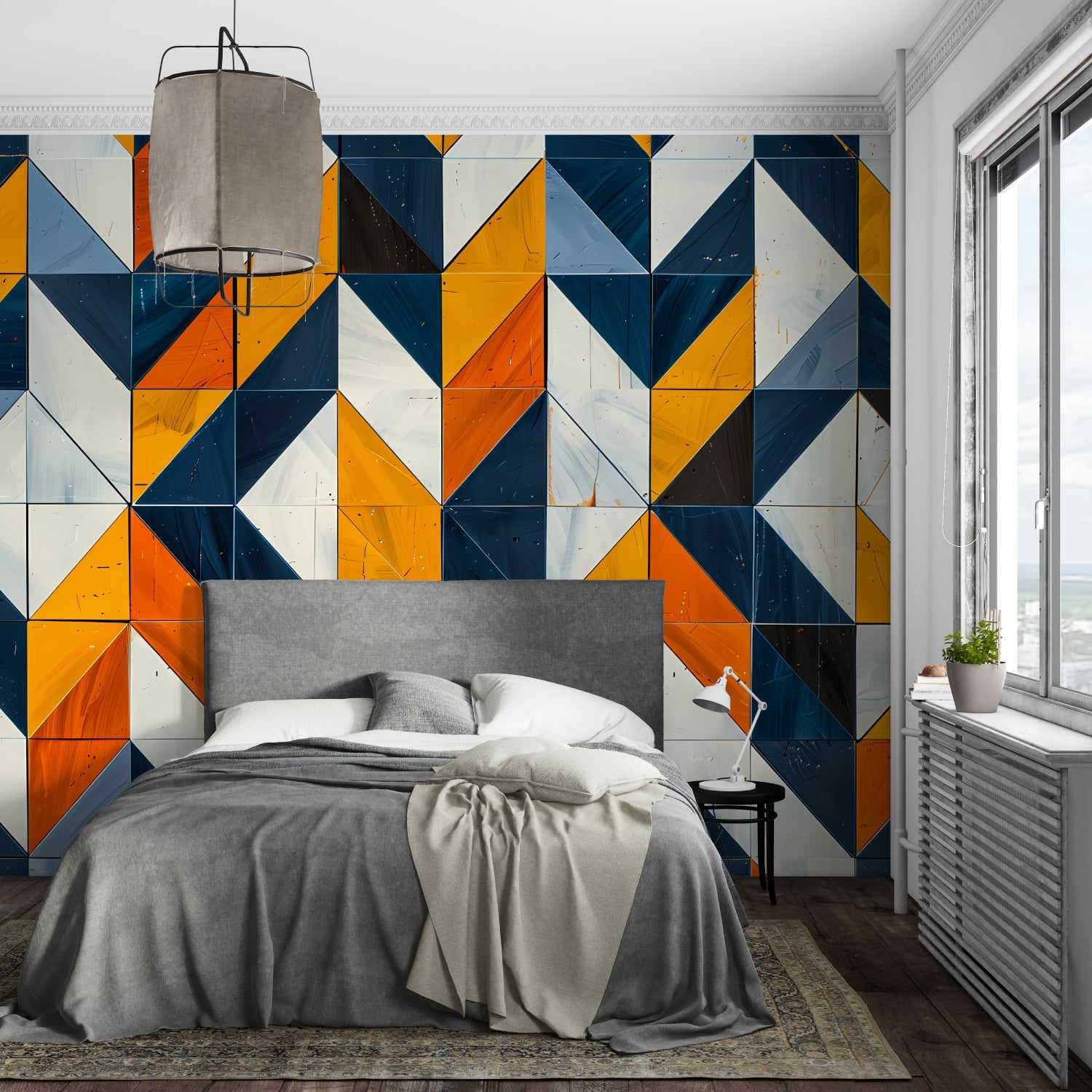 Modern orange and navy geometric pattern in contemporary dining room setting