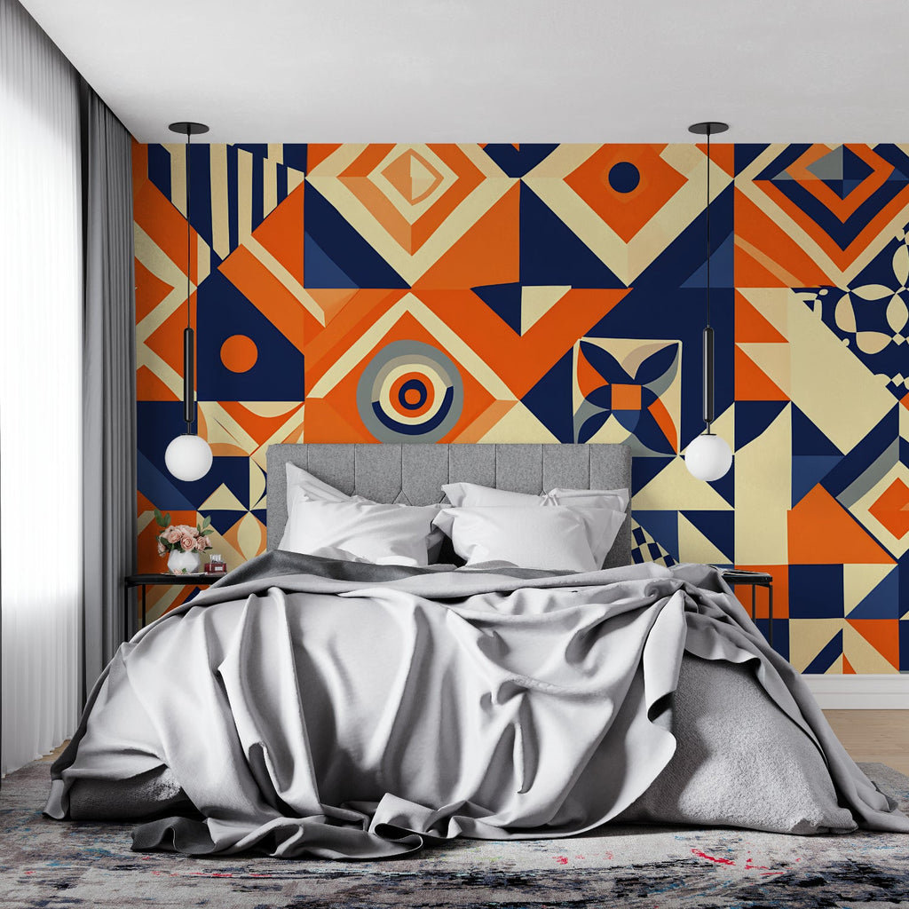 Geometric orange and navy wallpaper creating depth in a modern dining room