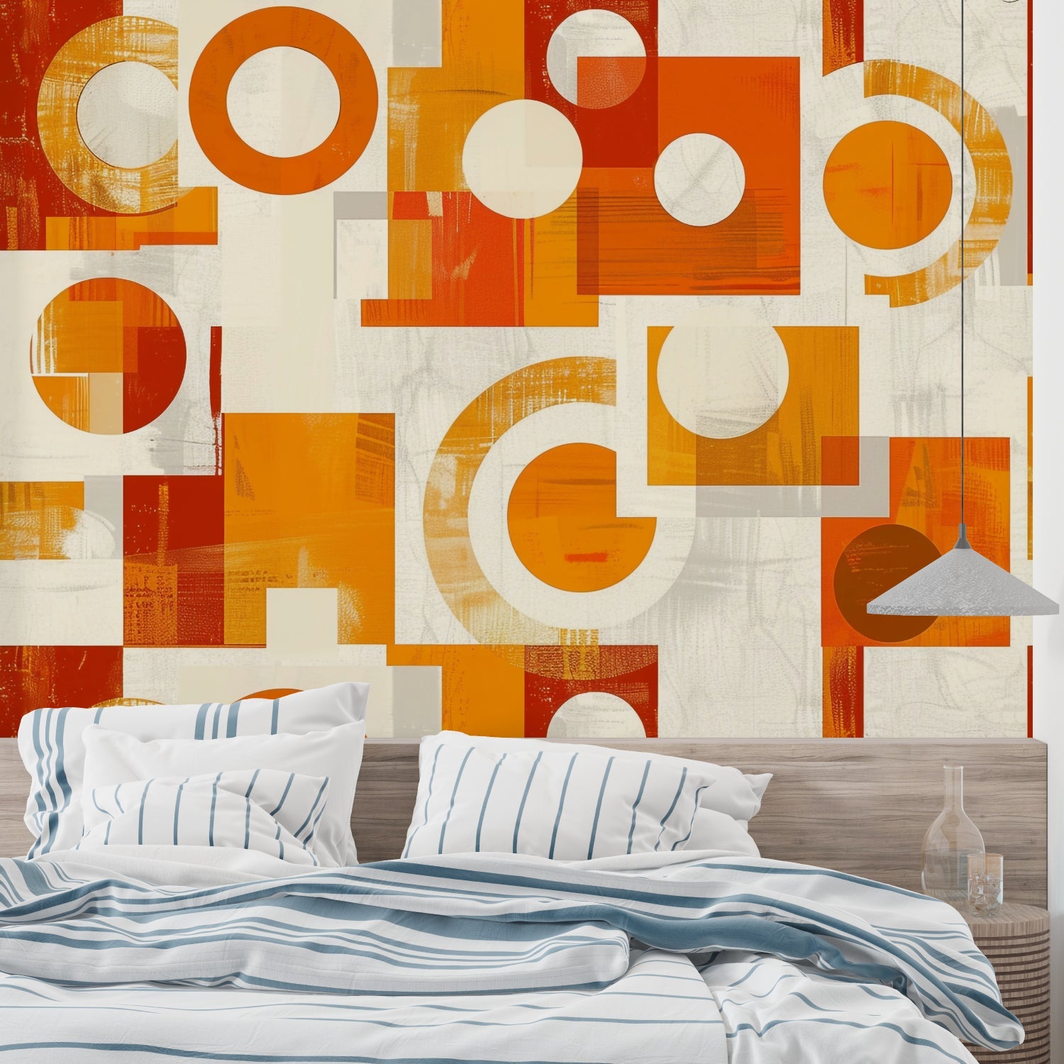 Orange circles and squares wallpaper brightening up a creative studio space